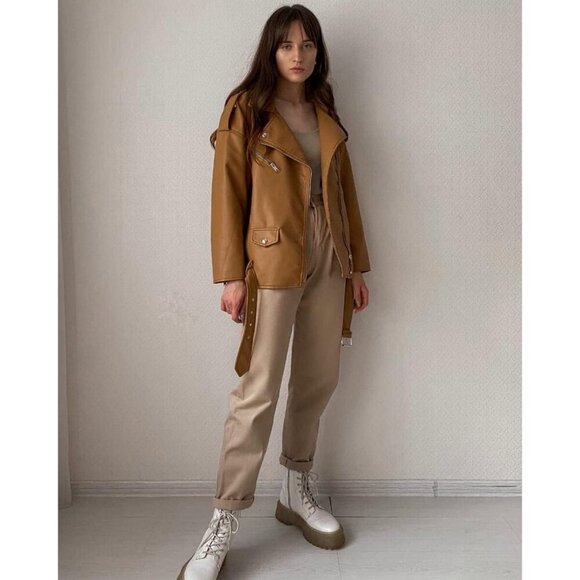 Women's Brown 1 Faux Leather Lapel Collar Zip Up Long Sleeve Short Coat Jacket - Picture 5 of 6